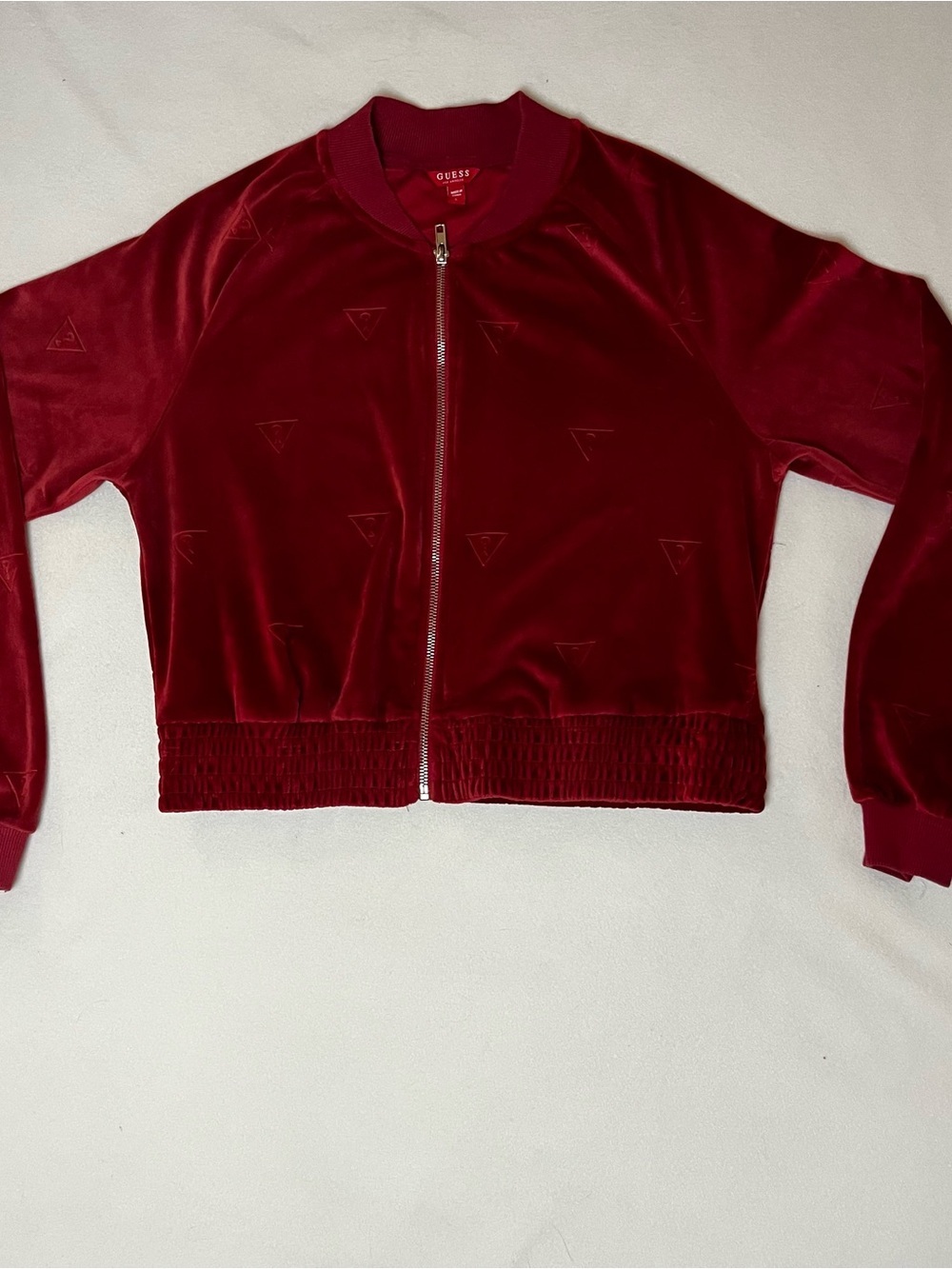Guess brand. Kids Deep Red Velvet Zip Bomber Jacket